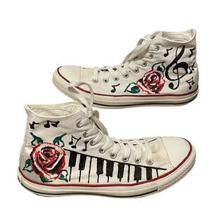 Converse Custom Painted Rose Music Piano Sneakers White Red Green Men 10 Wom 12